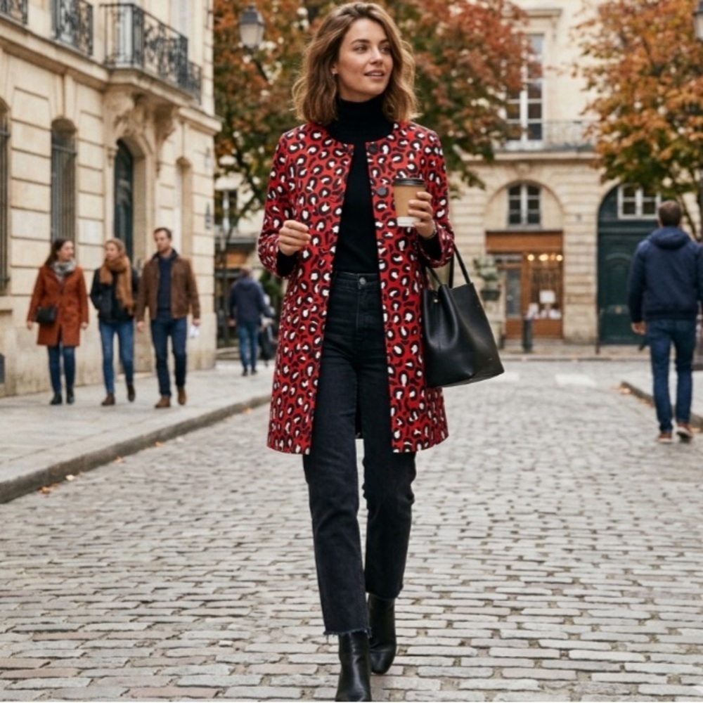 Love Moschino Leopard Print Trench Coat Red Designer Logo Size 2 XS